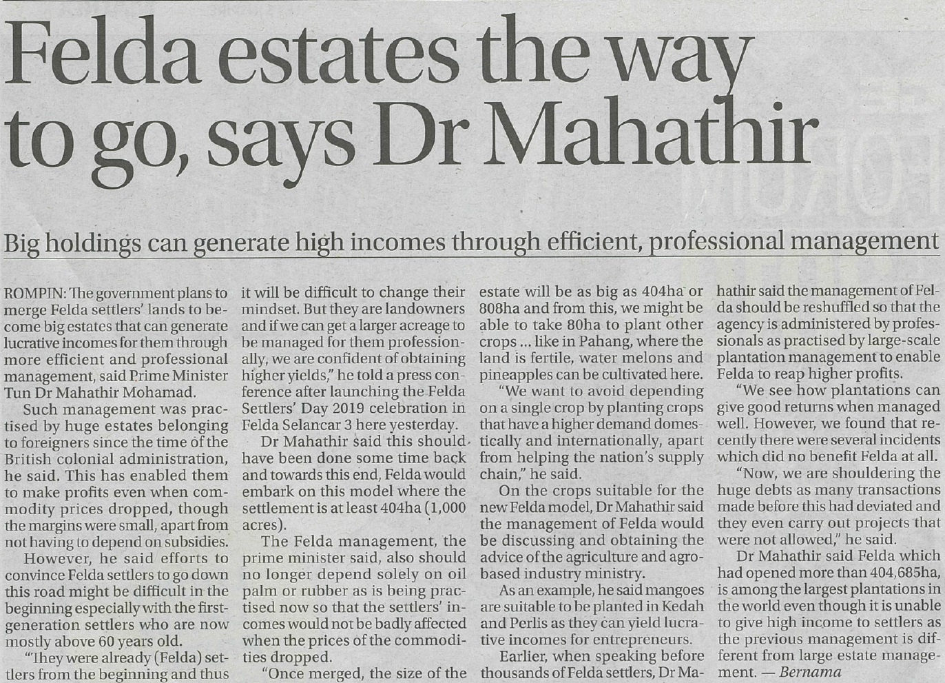 Felda estates the way to go says Dr Mahathir