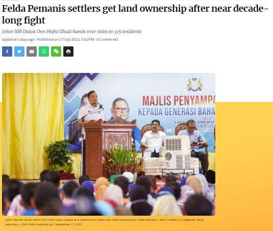 Felda Pemanis settlers finally get land ownership The Star 27092022