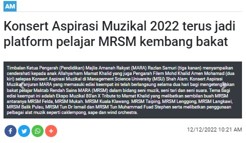 Konsert Aspirasi Muzikal 2022 Jadi Platform Pelajar MRSM FELDA Trolak Kembang Bakat